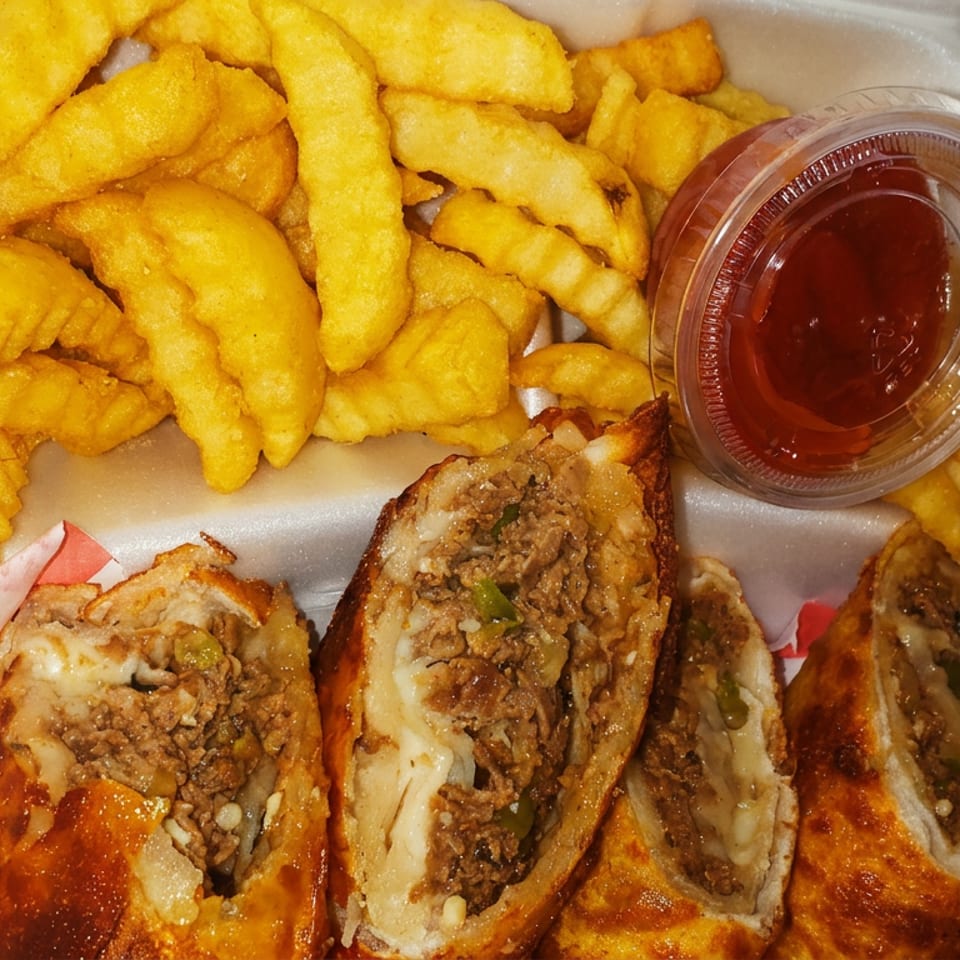 Golden crinkle-cut fries and savory meat-filled egg rolls with ketchup in a white takeout container.