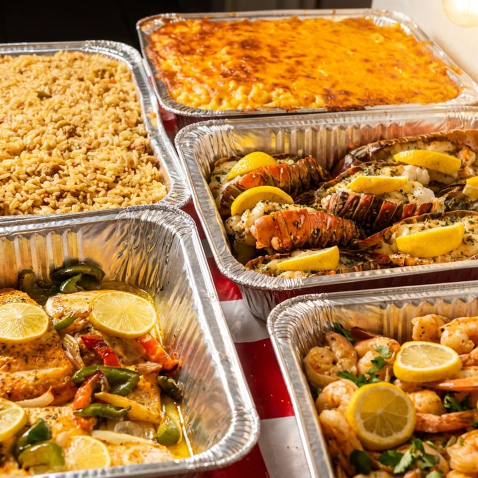 A catering spread with trays of rice, mac and cheese, lobster, salmon, and shrimp.