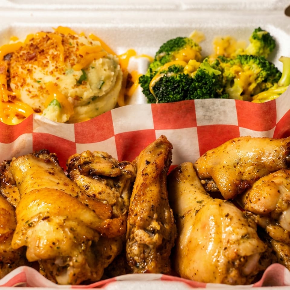 Takeout container with seasoned chicken wings, cheesy mashed potatoes, and broccoli.