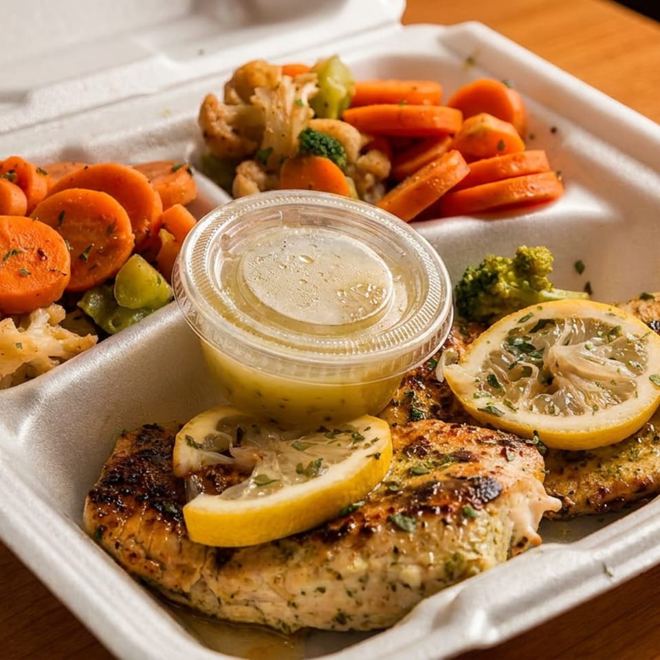 Grilled chicken with lemon, roasted carrots, broccoli, and cauliflower in a white takeout container.